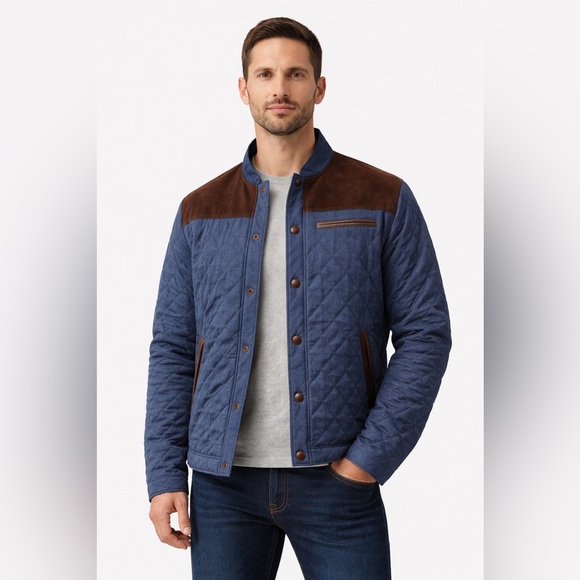 👉 Men’s Quilted Jacket Blue Brown Lightweight Button Front Stand Collar
